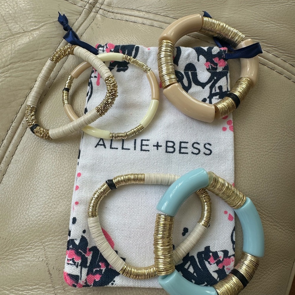 Allie + Bess Neutral Gold-Accent Bracelet Set in Beige, Cream & Blue